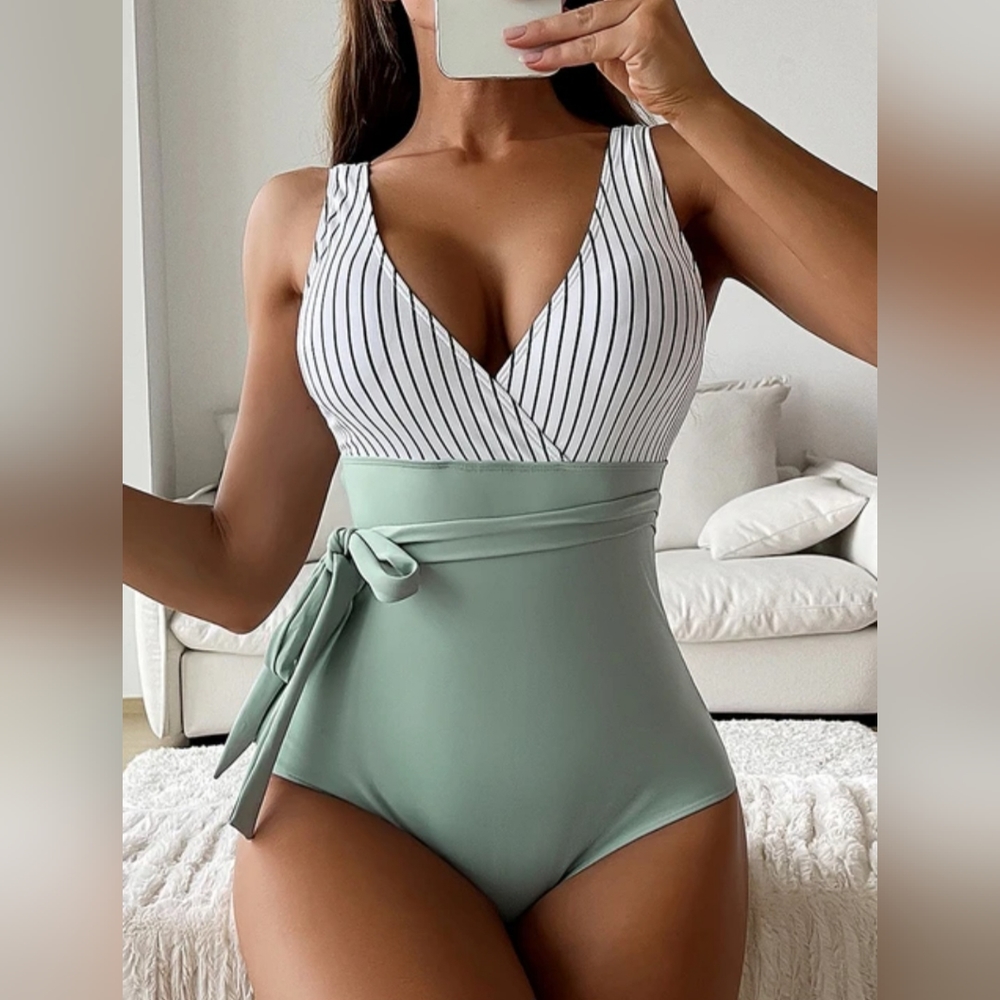 New, Striped contrast swimsuit with side tie womens medium 8 10